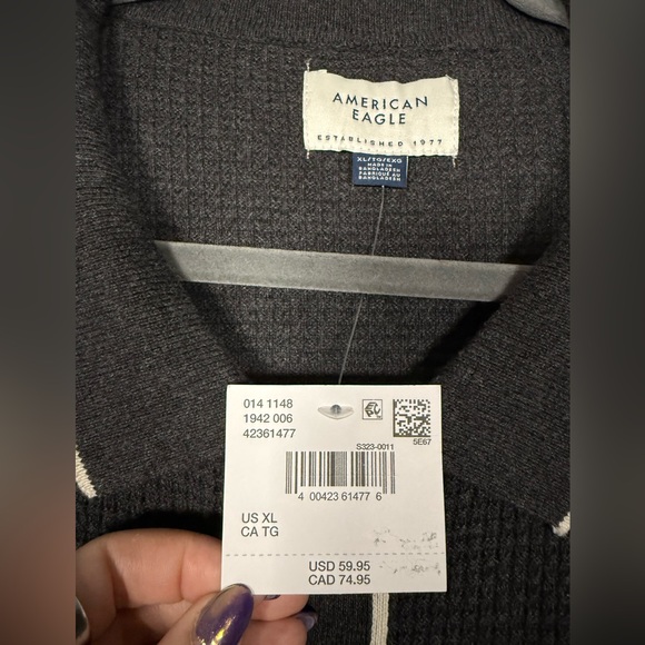 American Eagle Long Sleeve Tipped Waffle Grey and White Sweater Polo Cardigan XL - Picture 7 of 9
